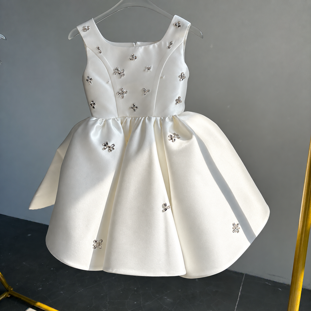 Elegant Pink Satin Girl Dresses Square Collar for Kids Party Gown J145