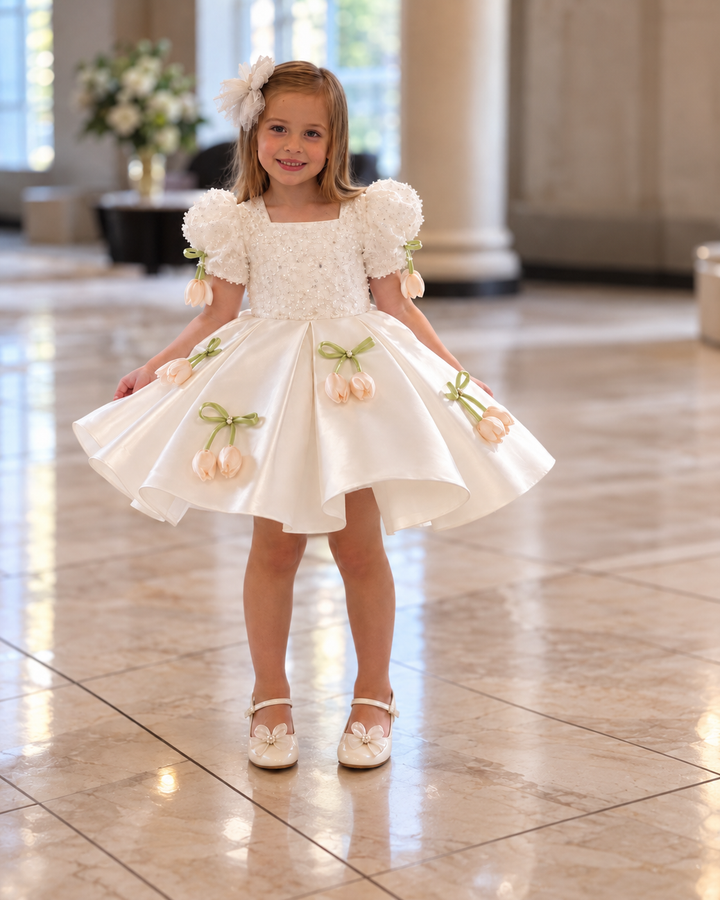 White Tulip Applique Beaded Puff Sleeve Girls Birthday Dress D601