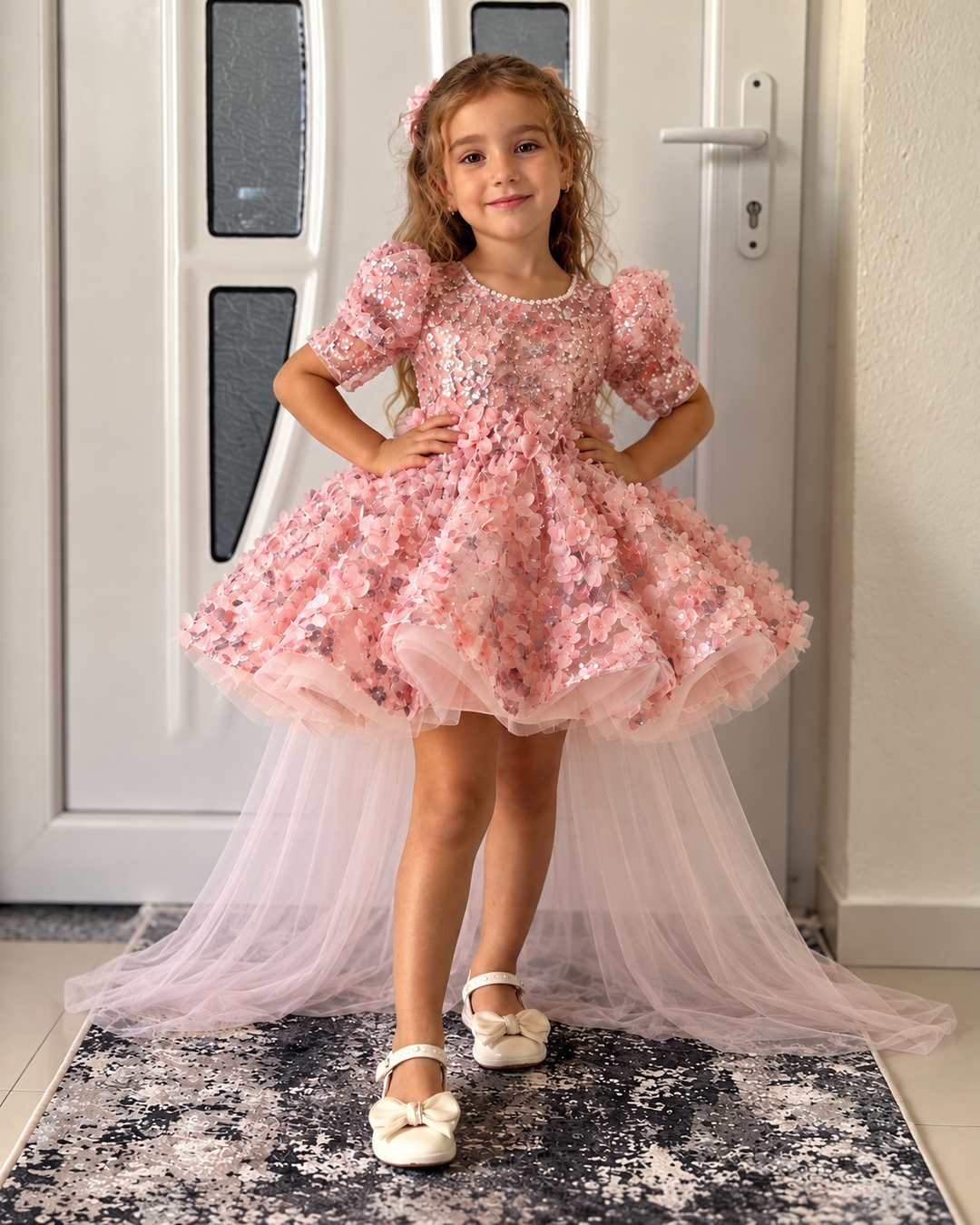 Pink 3D Floral Sequin Puff Sleeve Girls Pageant Dress with Tulle Train D602