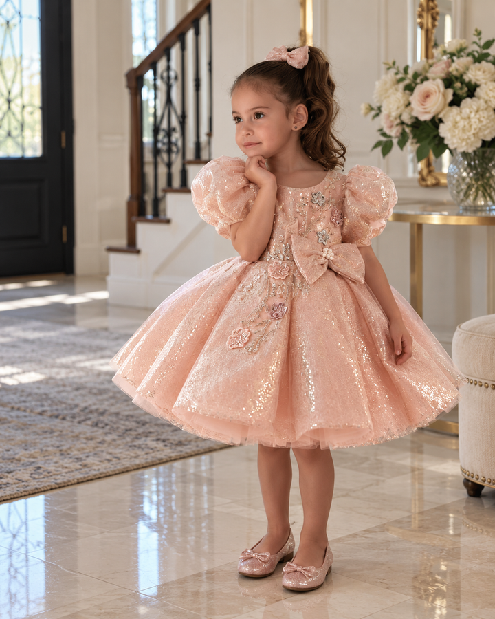 Pink Sequin Floral Bow Puff Sleeve Girls Princess Dress D603