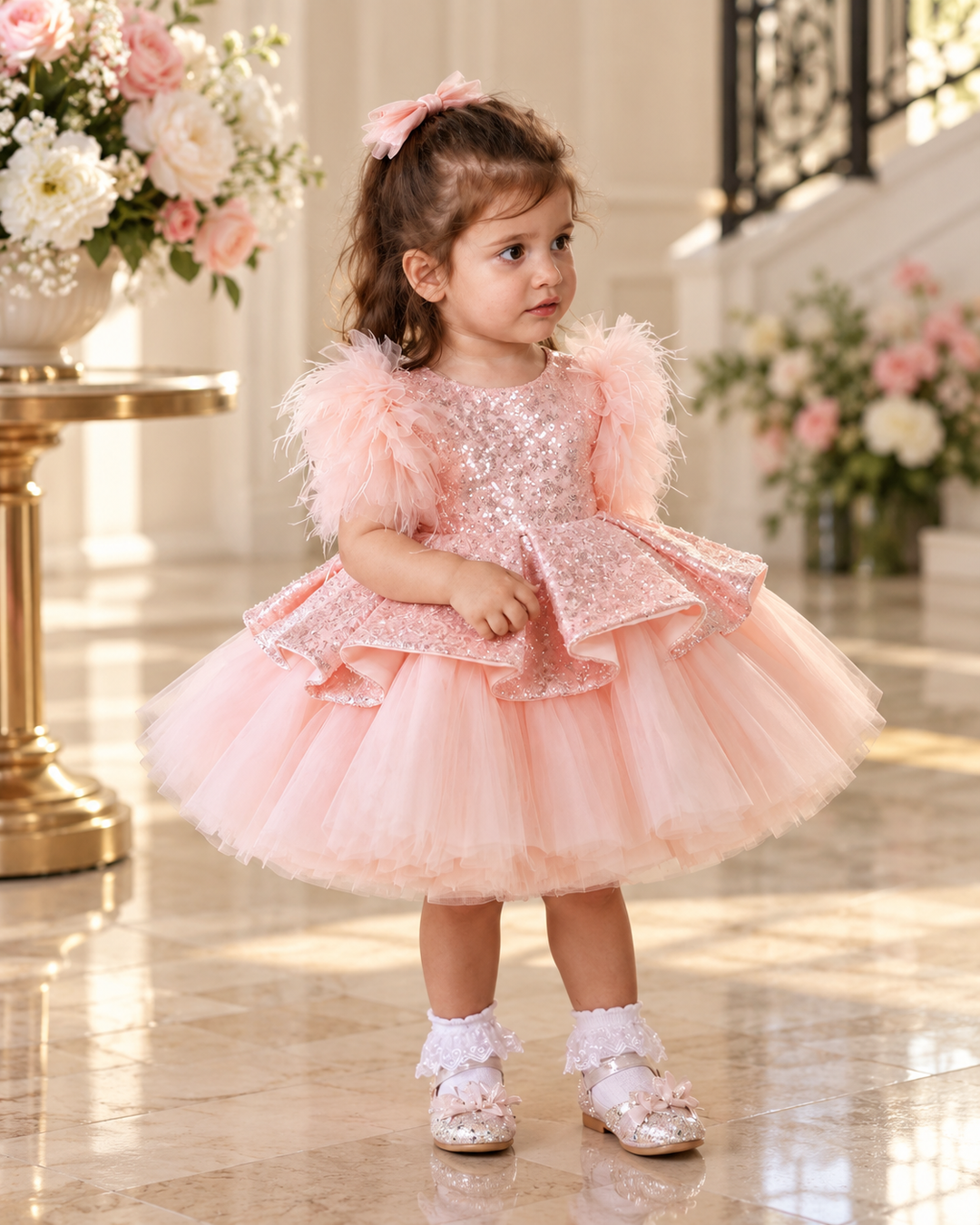 Pink Sequin Feather Trim Peplum Tulle Girls Party Dress D604