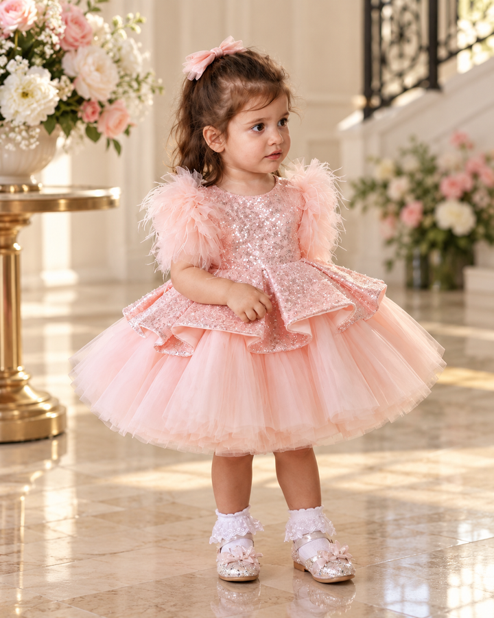 Pink Sequin Feather Trim Peplum Tulle Girls Party Dress D604