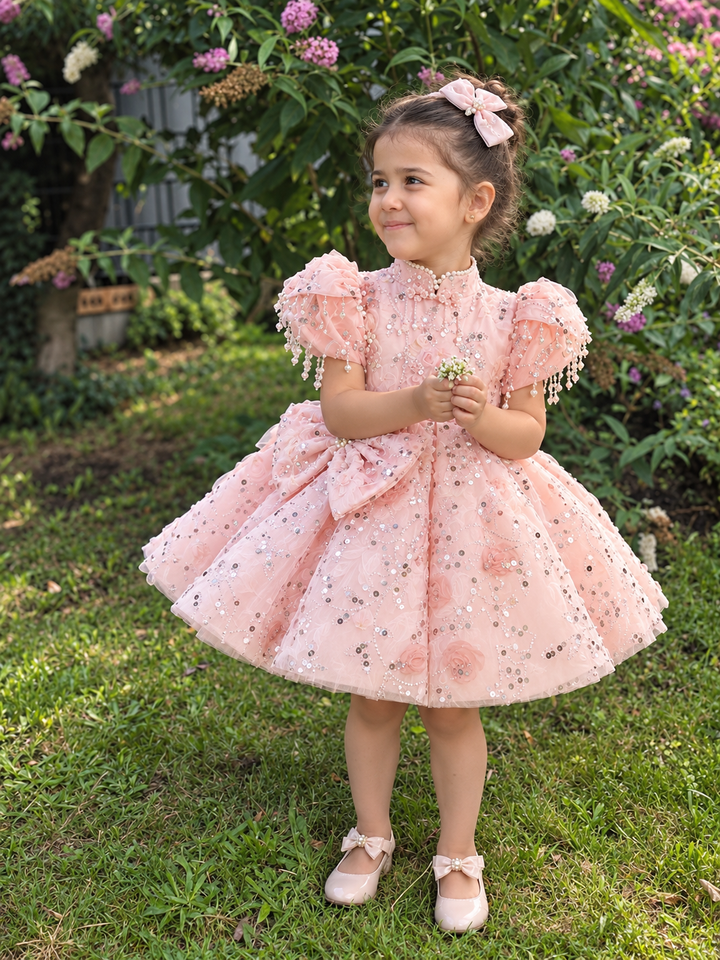 Pink Floral Sequin Beaded Puff Sleeve Girls Birthday Dress D605