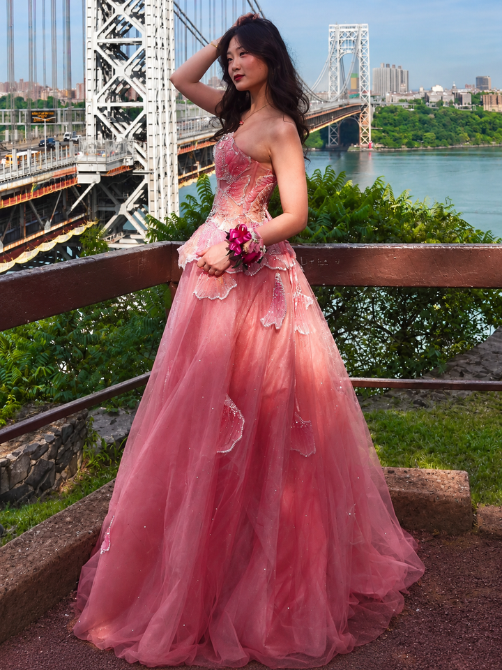 Luxury Pink 3D Floral Beaded Ball Gown Evening Dress SS749