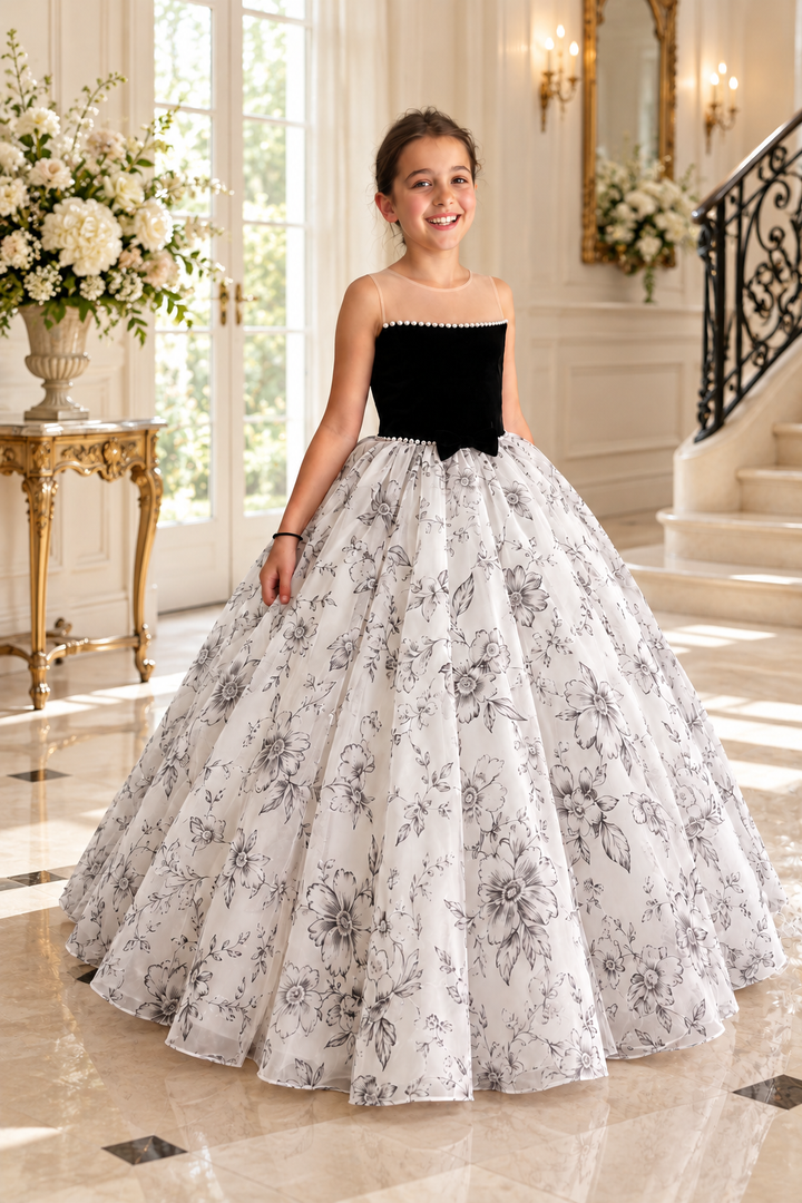 Black and White Floral Pearl Trim Girls Wedding Dress D375