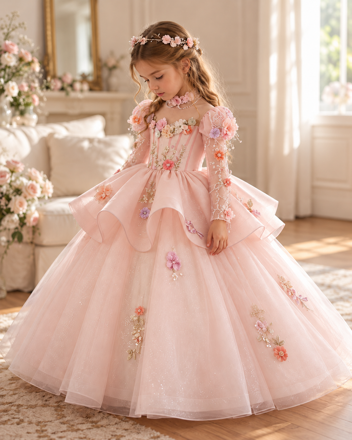 Pink Long Sleeve 3D Floral Peplum Girls Princess Dress D376