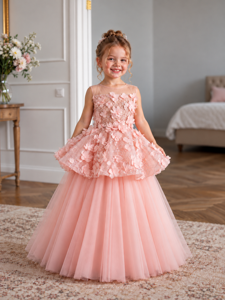 Pink 3D Floral Sequin Peplum Girls Formal Dress J625