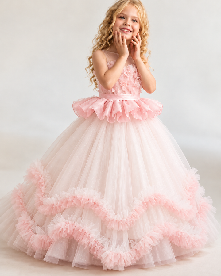 Pink 3D Floral Ruffle Peplum Girls Pageant Gown J626
