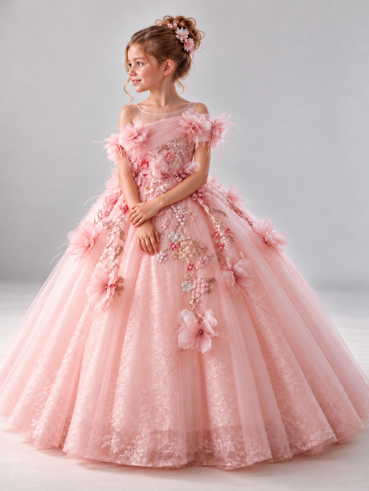 Pink 3D Floral Embroidered Girls Princess Gown J627