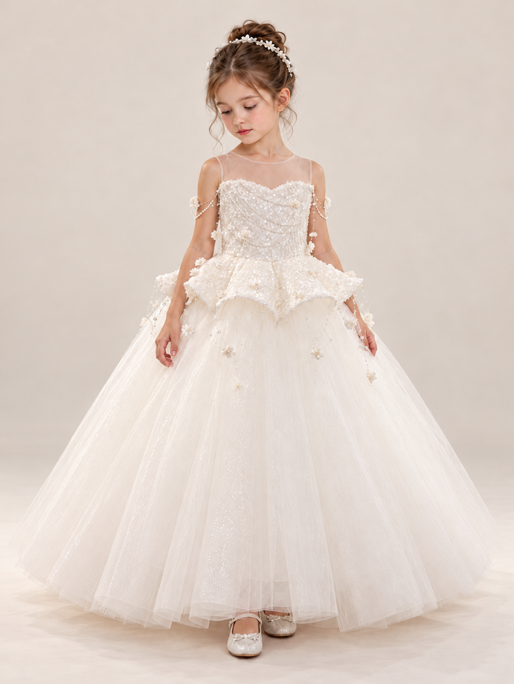 White Pearl Beaded Peplum Girls Communion Gown J628