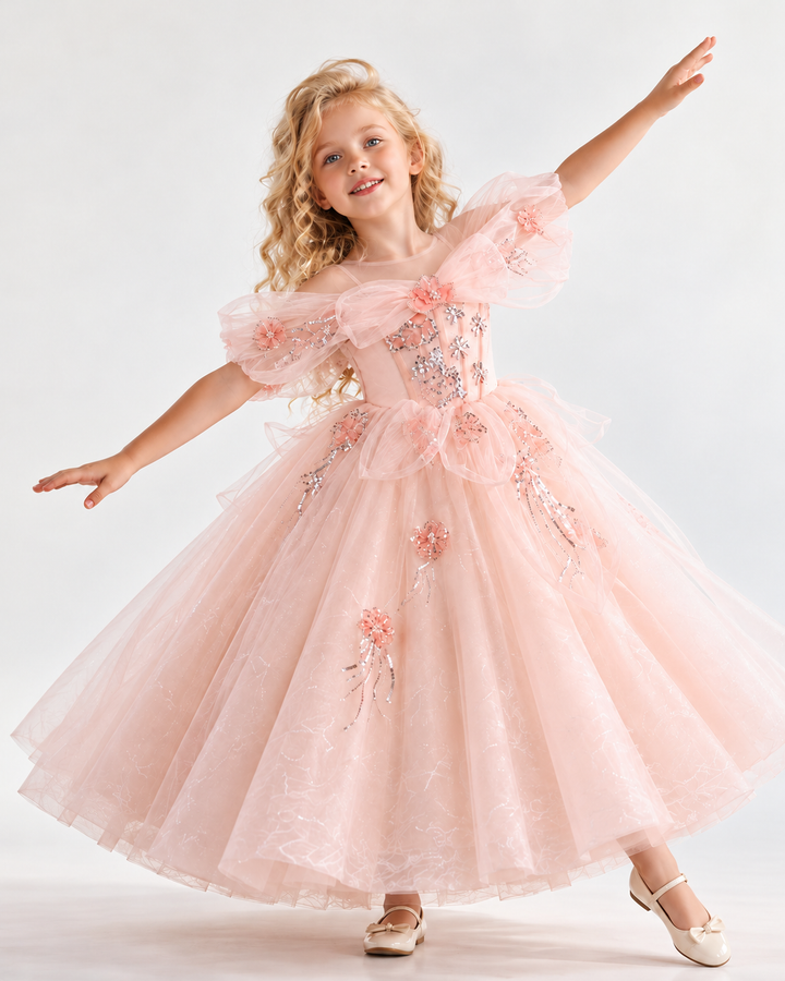 Pink Floral Beaded Off-Shoulder Girls Princess Gown J624