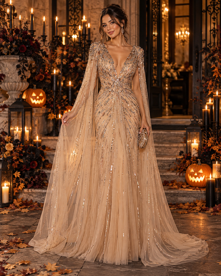 Halloween Glam Gold Sequin Beads Cape Sleeve Evening Dress SS999