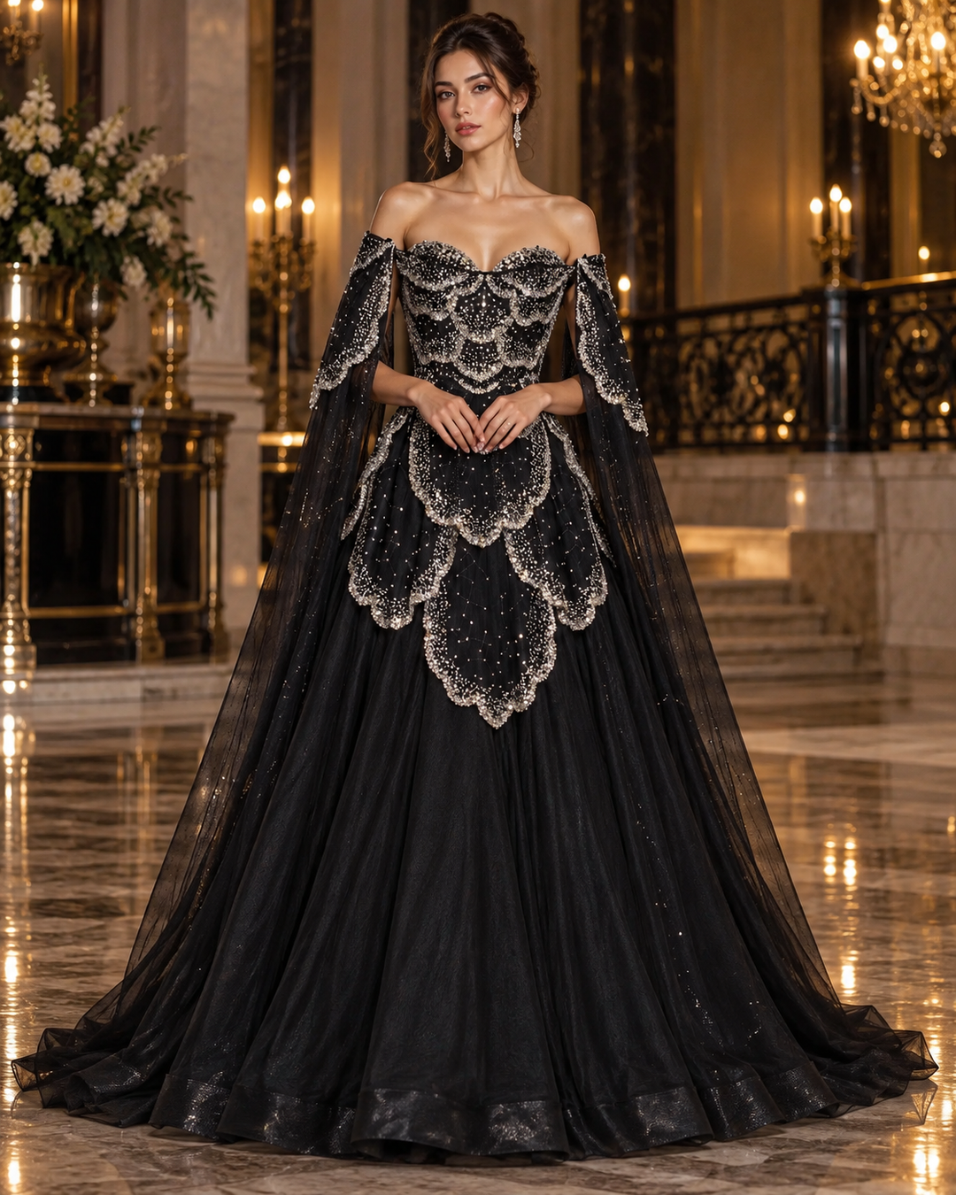 Halloween Gothic Black Off-Shoulder Beaded Ball Gown with Dramatic Cape Sleeves SS215