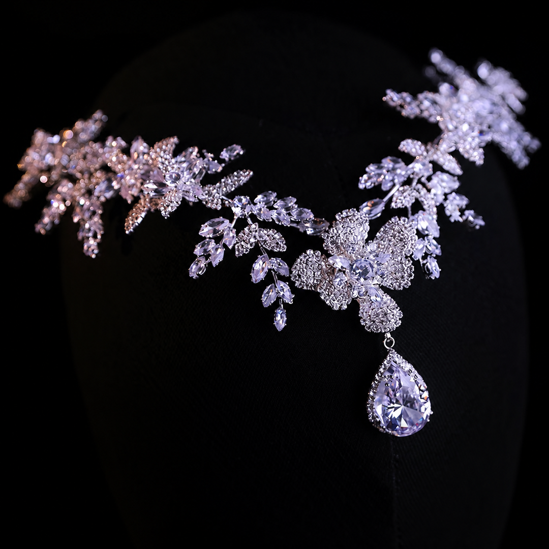 Luxury Sparkling Zircon Crystal Floral Headpiece with Teardrop Pendant XL002