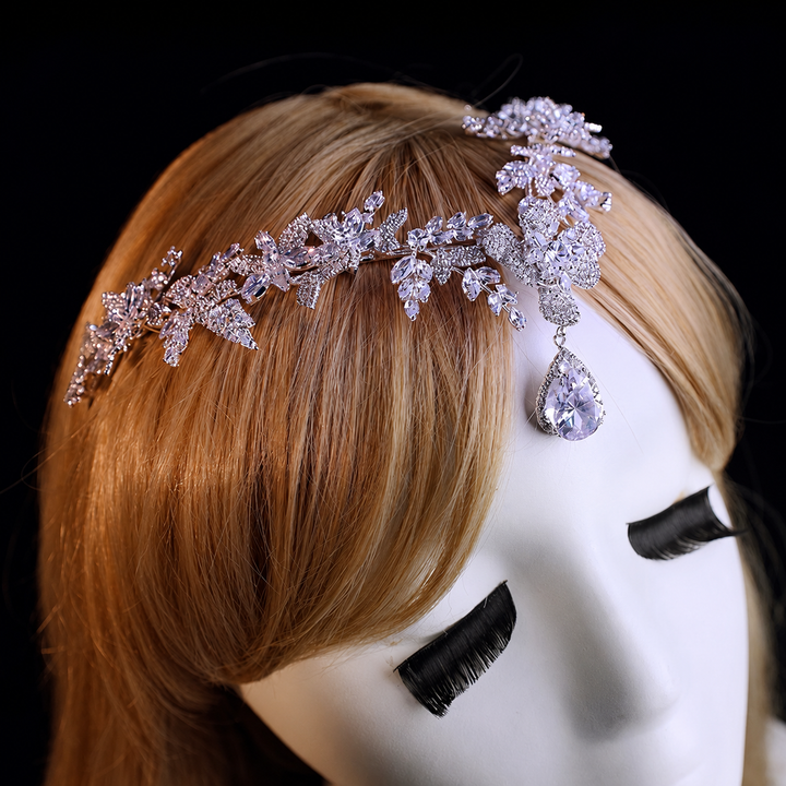 Luxury Sparkling Zircon Crystal Floral Headpiece with Teardrop Pendant XL002