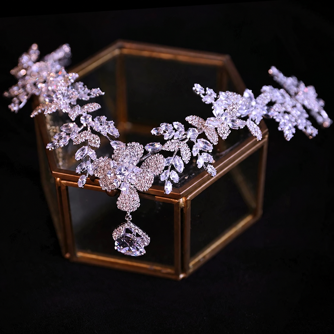 Luxury Sparkling Zircon Crystal Floral Headpiece with Teardrop Pendant XL002