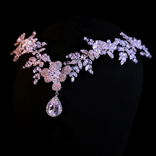 Luxury Sparkling Zircon Crystal Floral Headpiece with Teardrop Pendant XL002