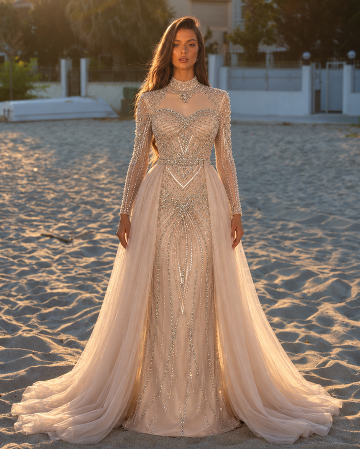 Dreamy Vow Beaded High Neck Evening Gown with Flowing Cape SS171