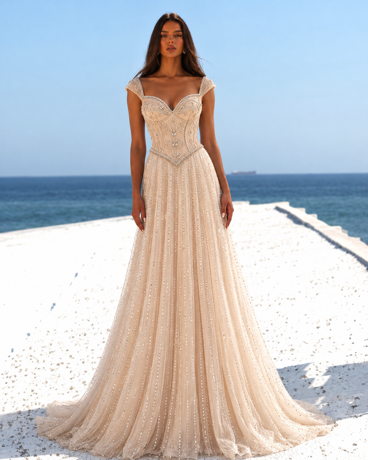 Dreamy Vow Champagne Beaded Sweetheart A-line Evening Gown SS332