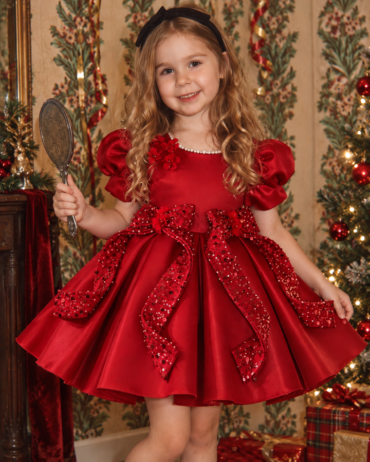 Red Puff Sleeve Bow Satin Girls Christmas Party Dress J921