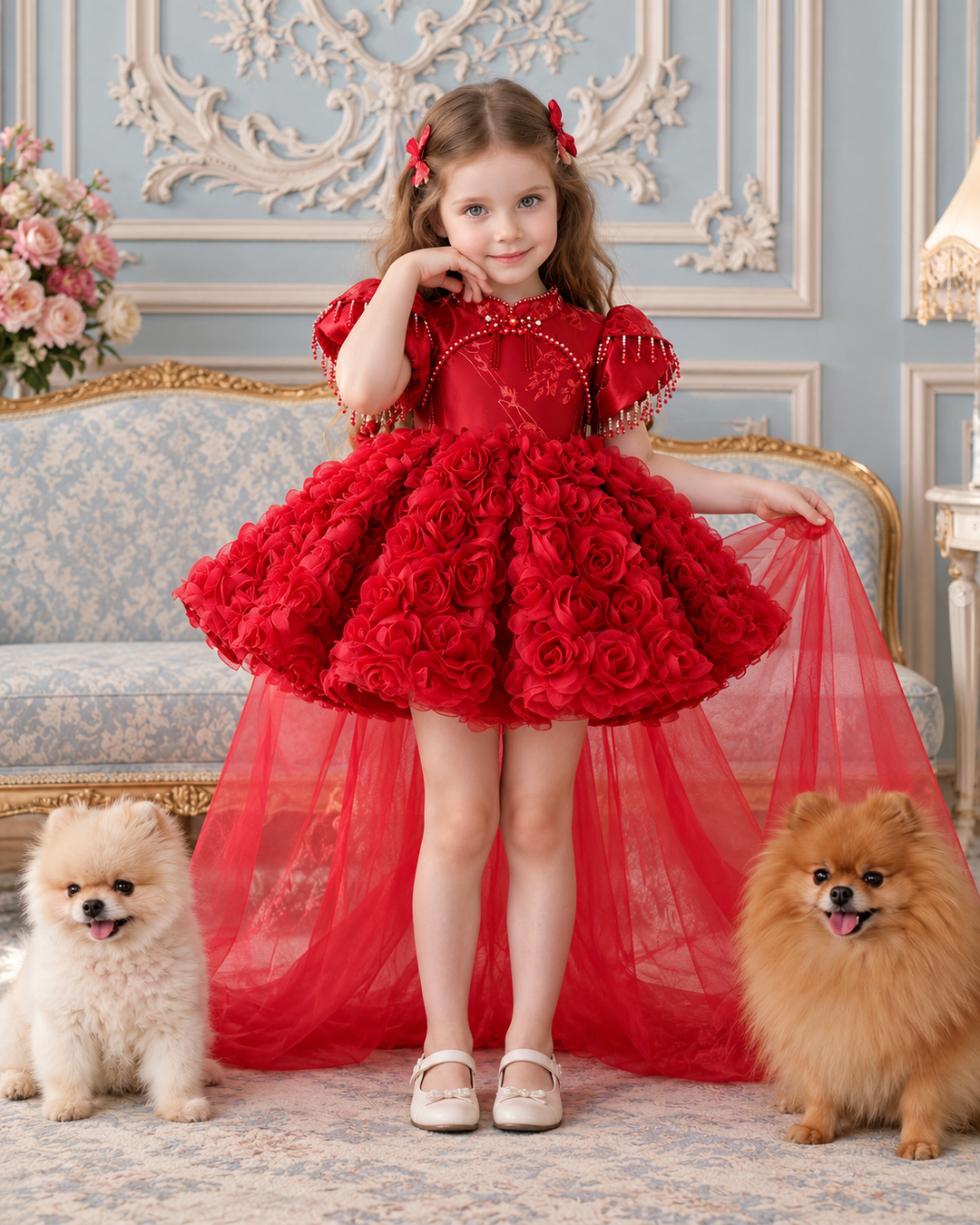 Red 3D Rosette Puff Sleeve Girls Pageant Dress with Tulle Train J922