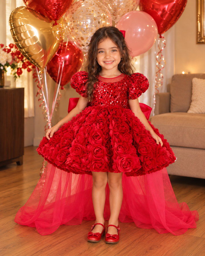 Red Sequin Rosette Girls Formal Dress with Tulle Train D611