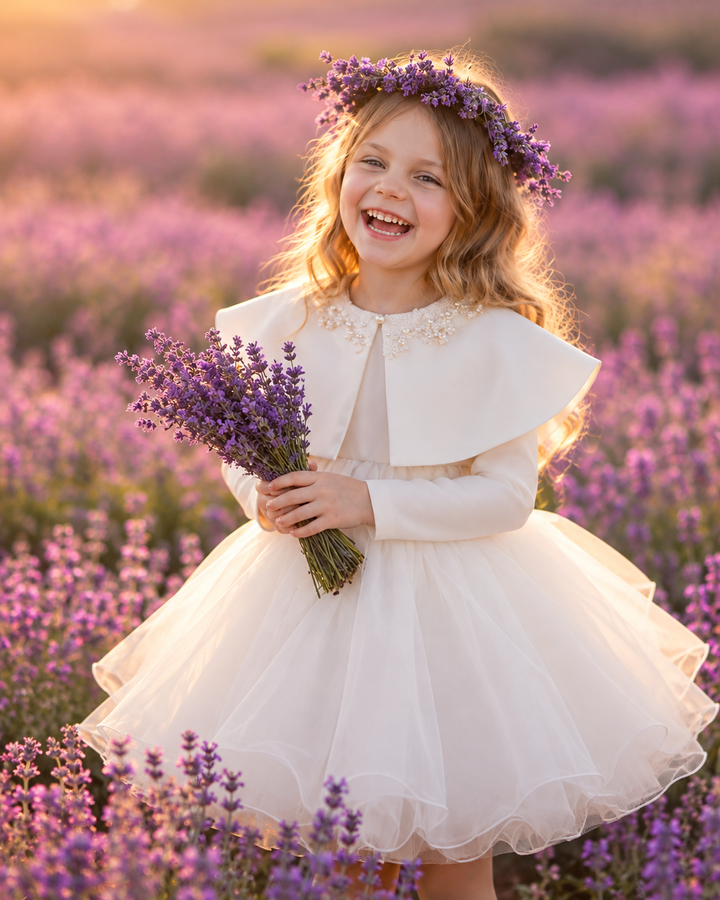 White Cape Long Sleeve Tulle Flower Girl Dress D610