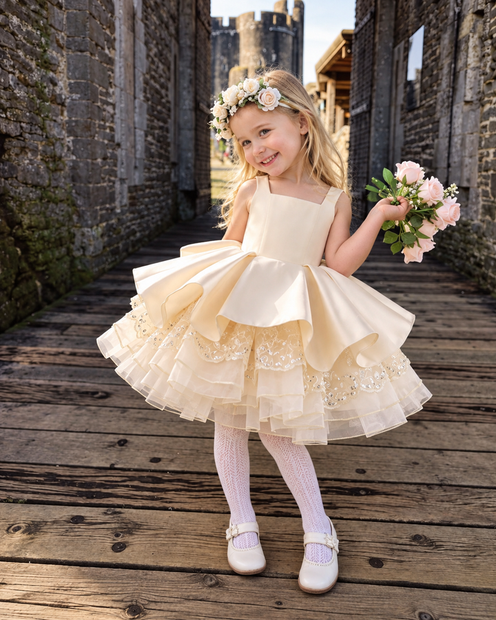 Champagne Satin Bow Tiered Girls Wedding Dress D606