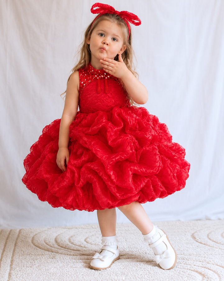 Red Textured Ruffle Flower Girl Princess Dress J924