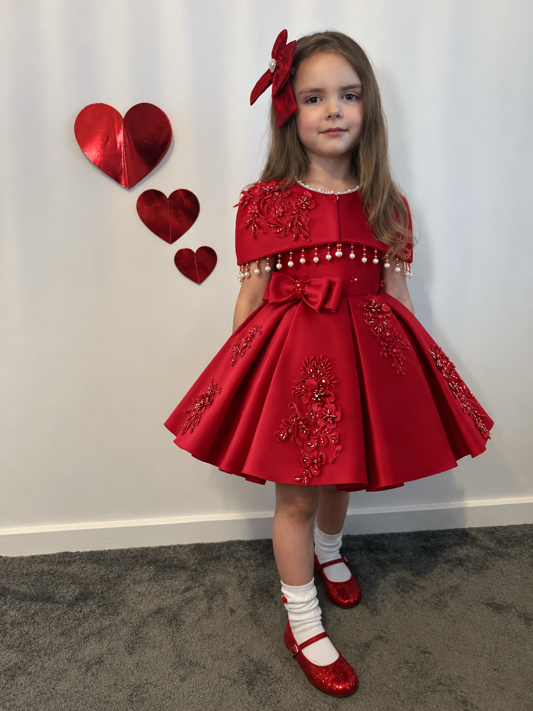 Red Embellished Cape Flower Girl Party Dress D607