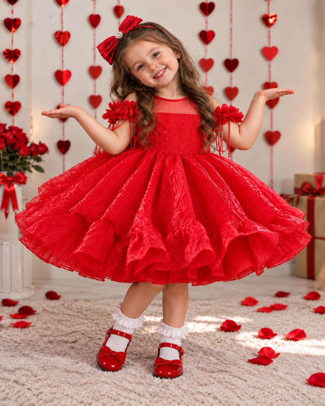 Red 3D Floral Fringe Ruffle Flower Girl Party Dress D612