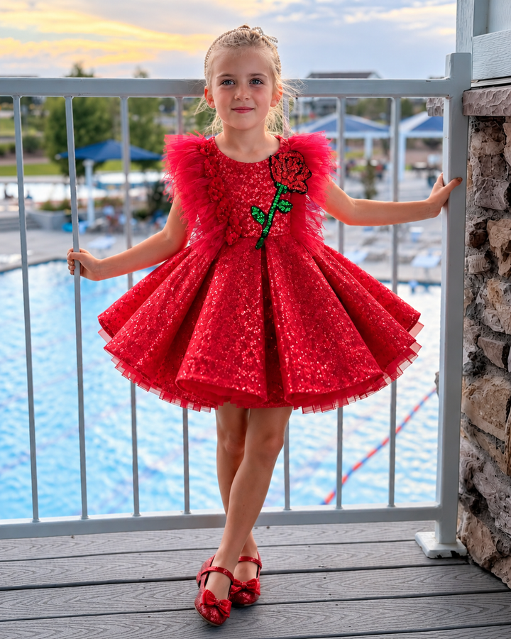 Red Rose Sequin Ruffle Girls Celebration Dress D613