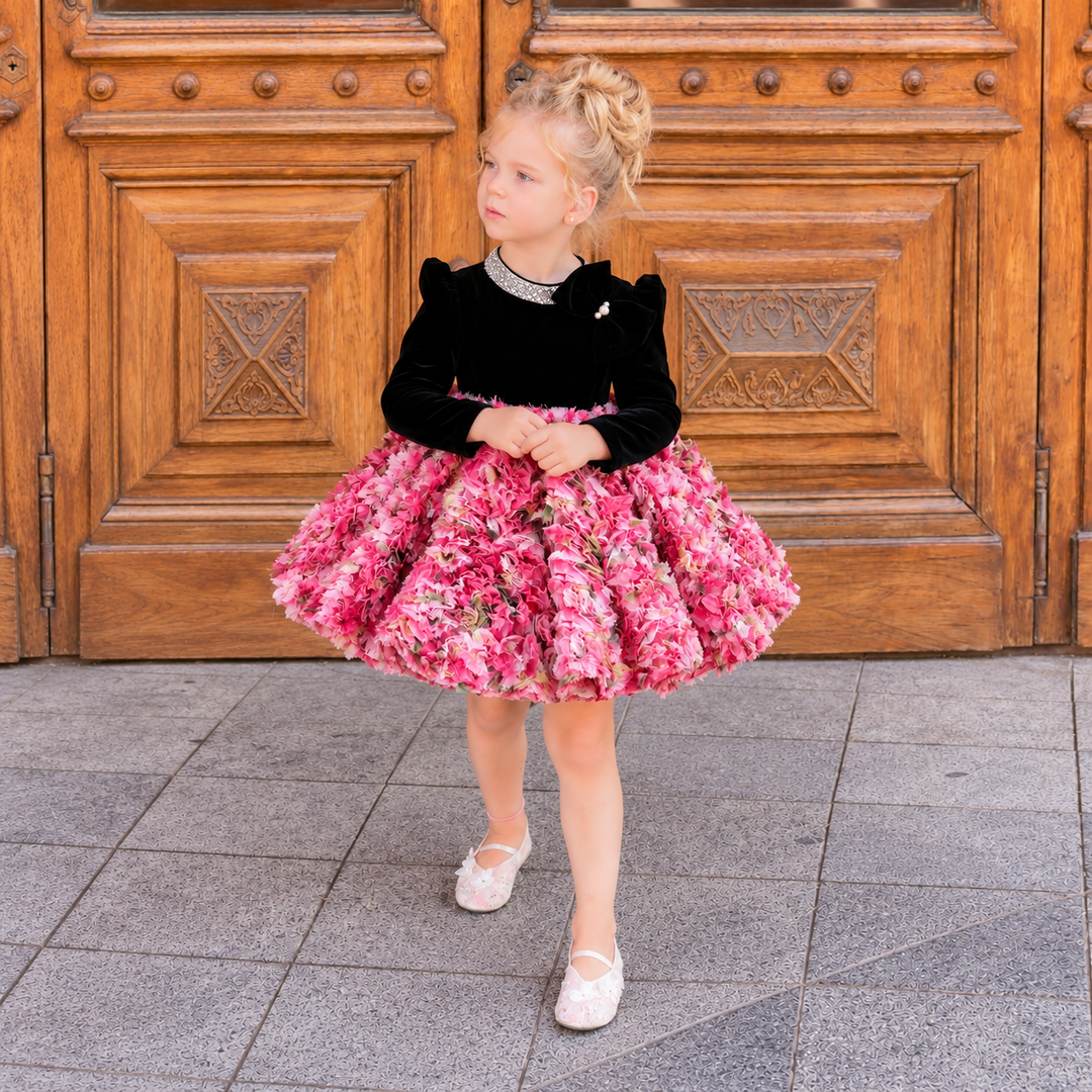 Black Velvet and Red Floral Long Sleeve Girls’ Party Dress D608