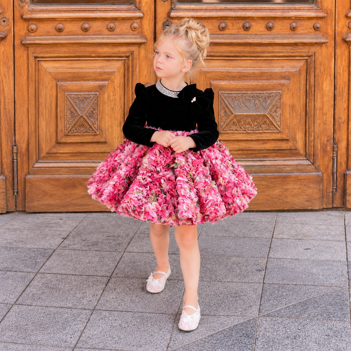 Black Velvet and Red Floral Long Sleeve Girls’ Party Dress D608
