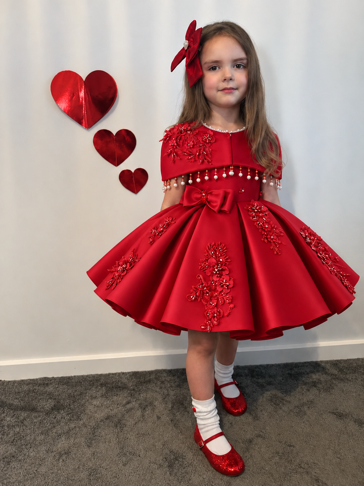 Red Embellished Cape Flower Girl Party Dress D607