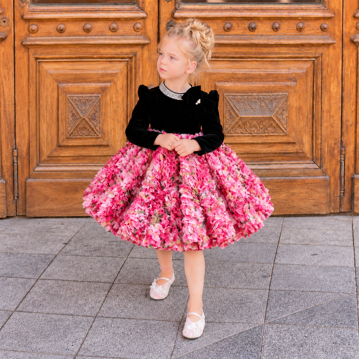 Black Velvet and Red Floral Long Sleeve Girls’ Party Dress D608
