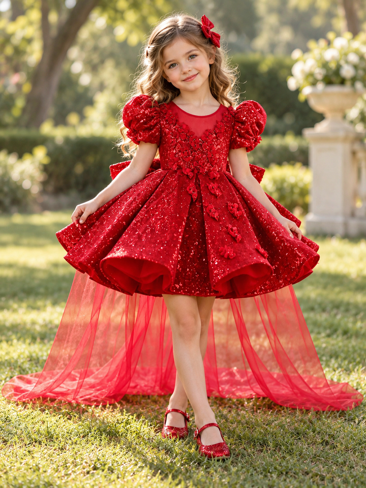 Red Puff-Sleeve Sequin Girls Birthday Dress with Tulle Train J925