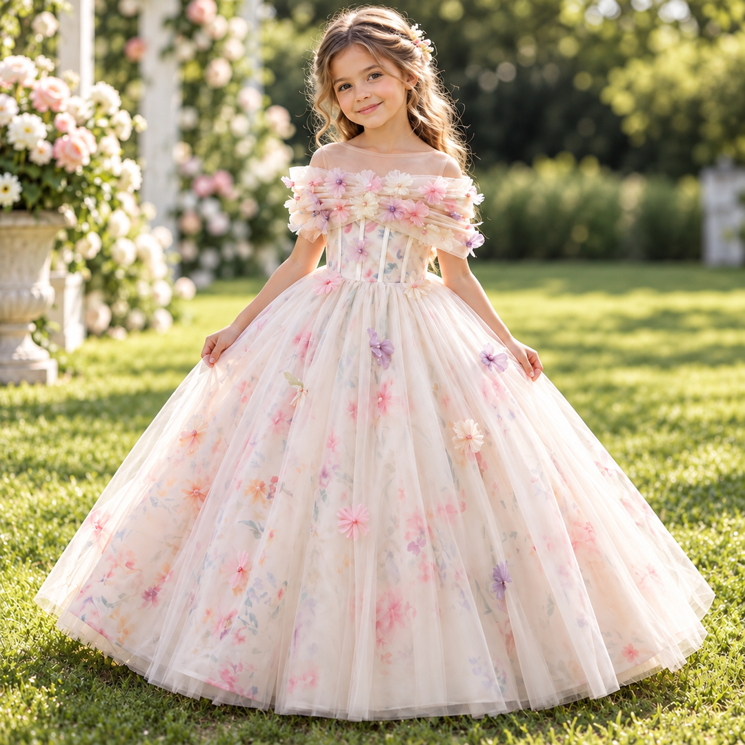 Beige Floral Tulle Girls Occasion Gown with Draped Shoulder Bands D380