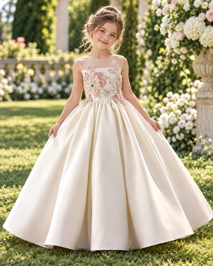 Off White Floral Bodice Girls Formal Gown with Satin Skirt D379