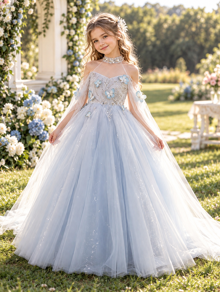 Blue Butterfly Applique Girls Ceremony Gown with Tulle Drapes D381