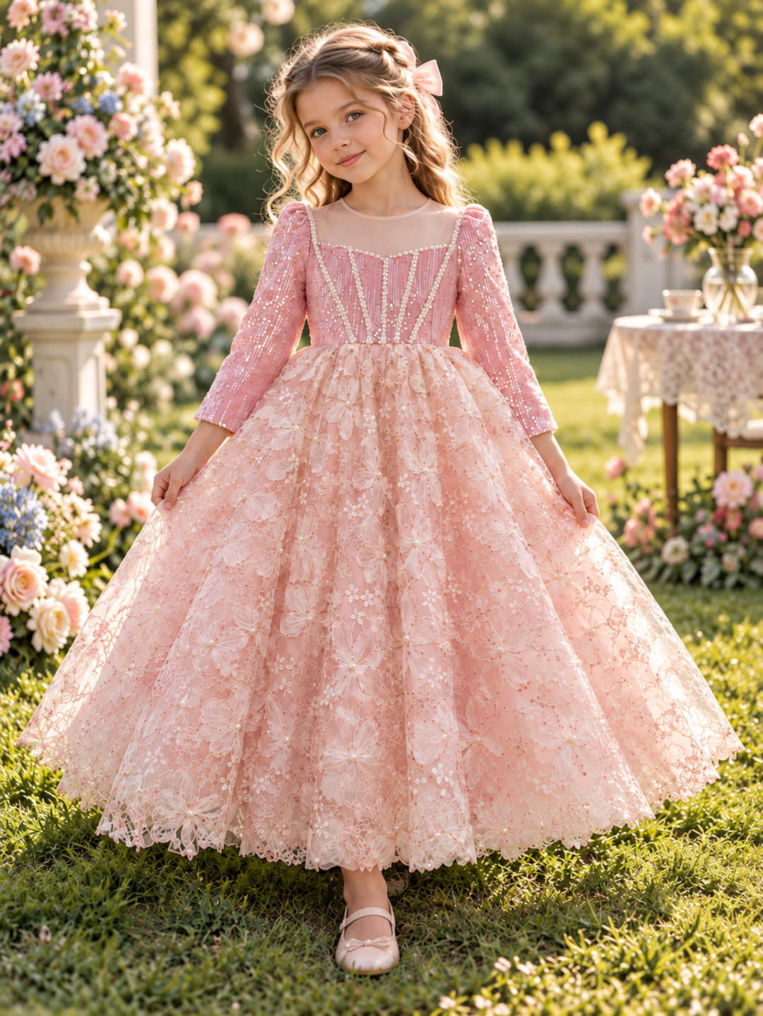 Pink Sequin Floral Lace Girls Special Occasion Dress J291