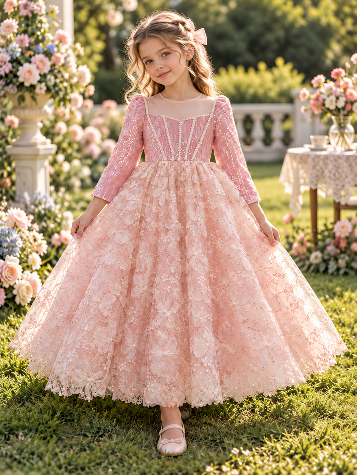 Pink Sequin Floral Lace Girls Special Occasion Dress J291