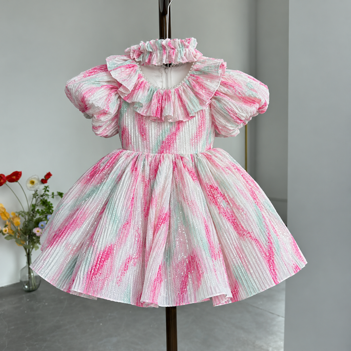 Pink Flower Girl Dress for Princess Kids 1st Birthday Party Knee Length Gown J767