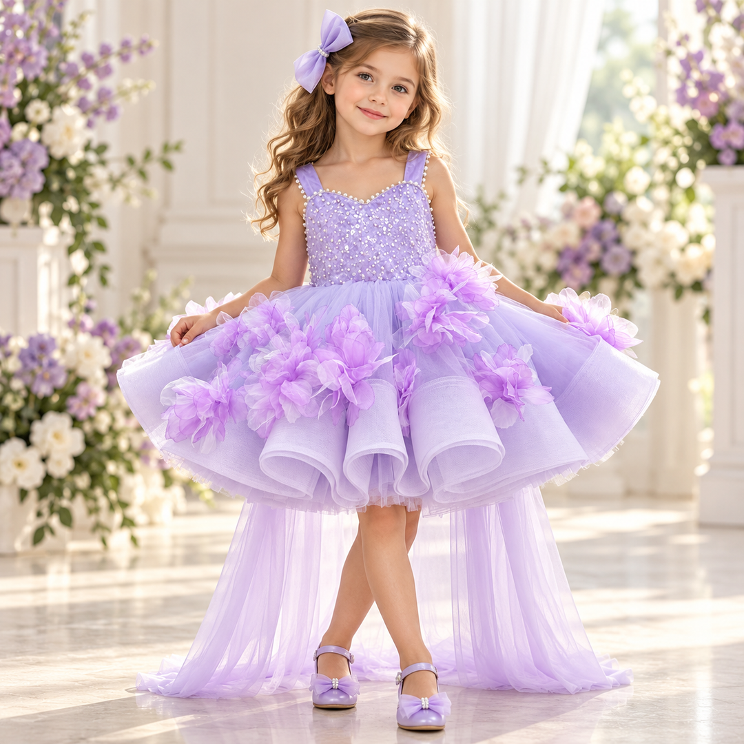 Lilac Floral Beaded Girls Pageant Dress with Tulle Train J872