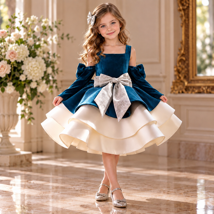 Turquoise Velvet Bow Girls Holiday Dress with Tiered Satin Skirt J926