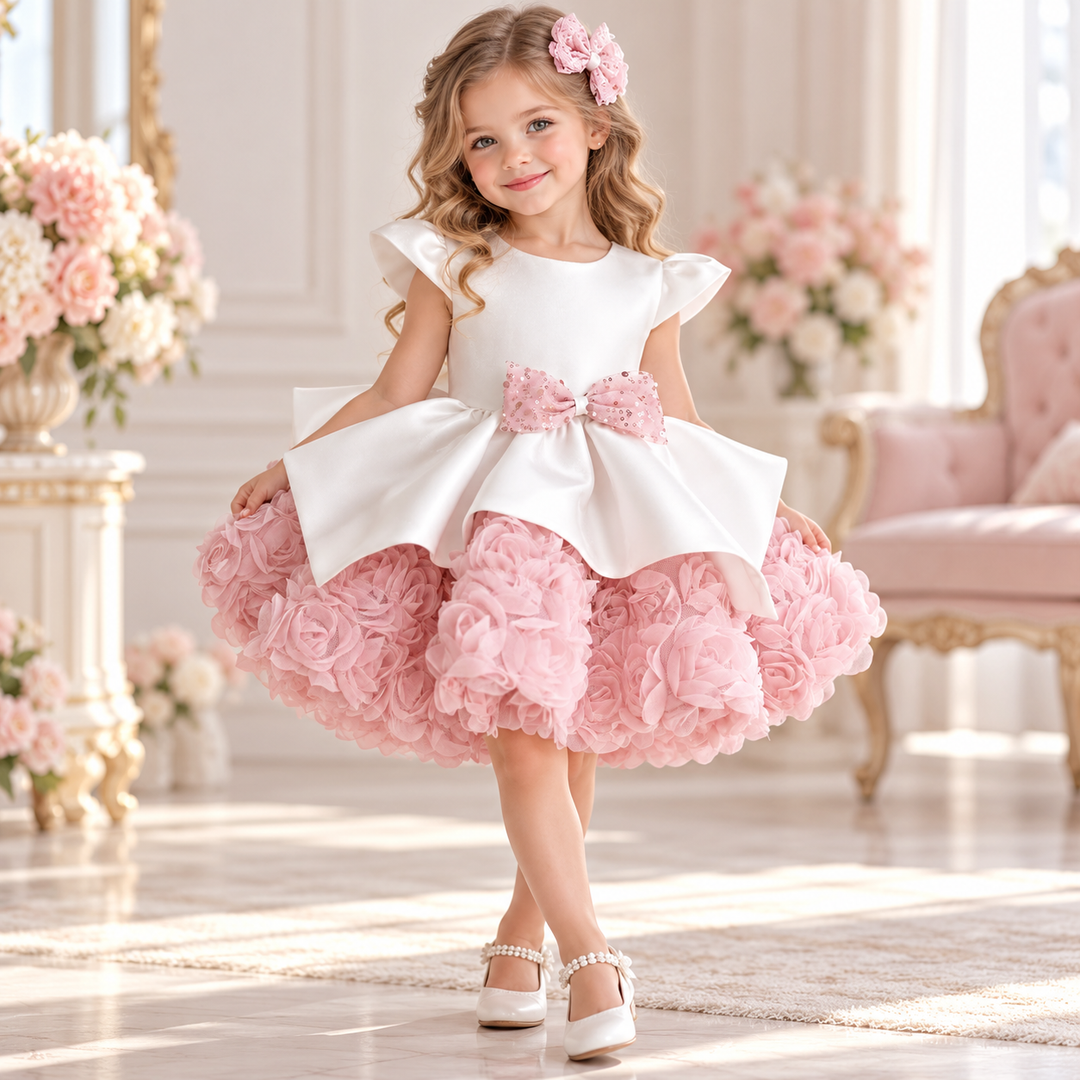 Two-Tone Rosette Girls Birthday Dress with Bow and Peplum J927