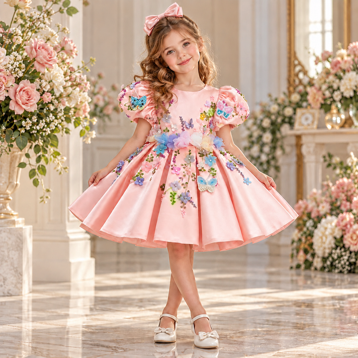 Pink Floral Butterfly Girls Birthday Dress with Puff Sleeves J813