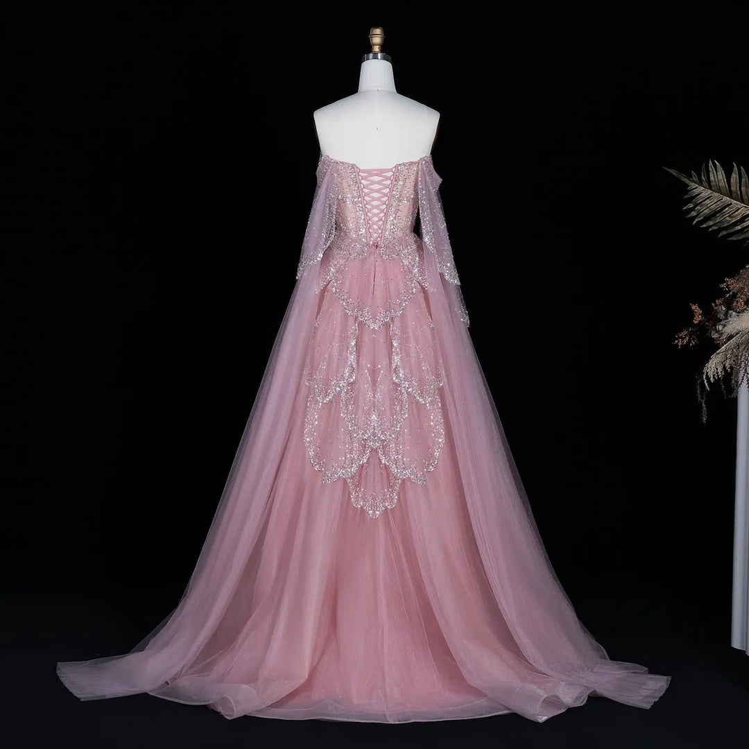 Elegant Off Shoulder Sage Green Evening Dress with Cape Sleeves SS215