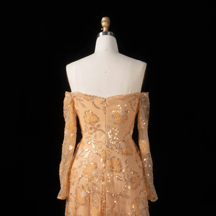 Luxury Pink Beaded Embroidered Long Sleeve Evening Dress SS638