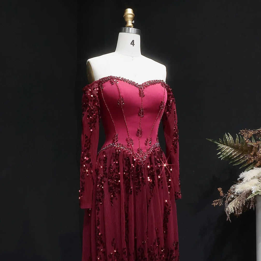 Luxury Beige Crystal Beaded Long Sleeve Evening Dress SS628